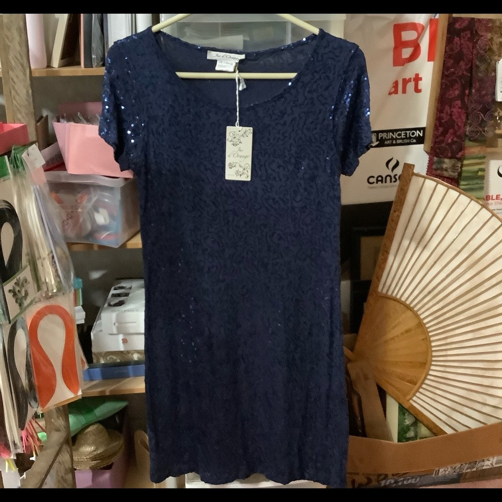 NWT Sequined blue shift dress, French designer